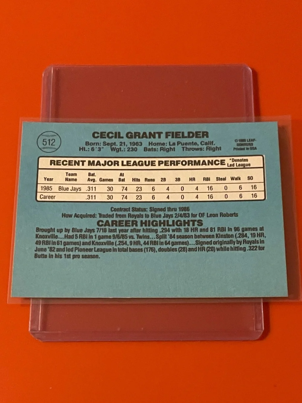 Cecil Fielder #512 [Rookie] 1986 Donruss Baseball Trading Card